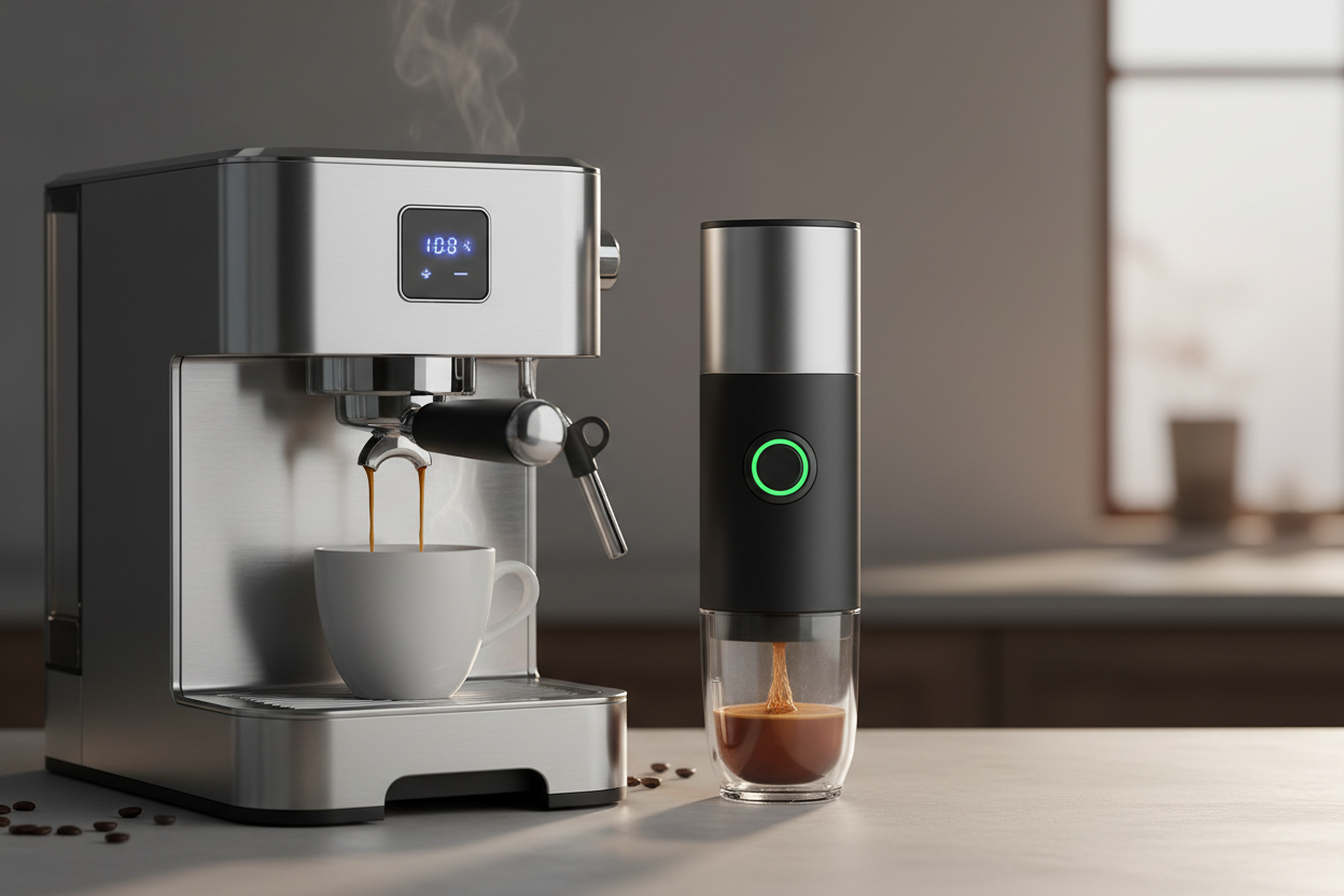 Génère-moi une machine à café, sophistiqué qui fait couler un café et à côté une machine à café portable. Alors pour te la décrire ça ressemble seulement un tube avec une partie transparente en bas qui sert de gobelet. Et au milieu il y a un bouton noir. Enfin le bouton il est noir, c’est un rond noir entouré d’un rond Vert 