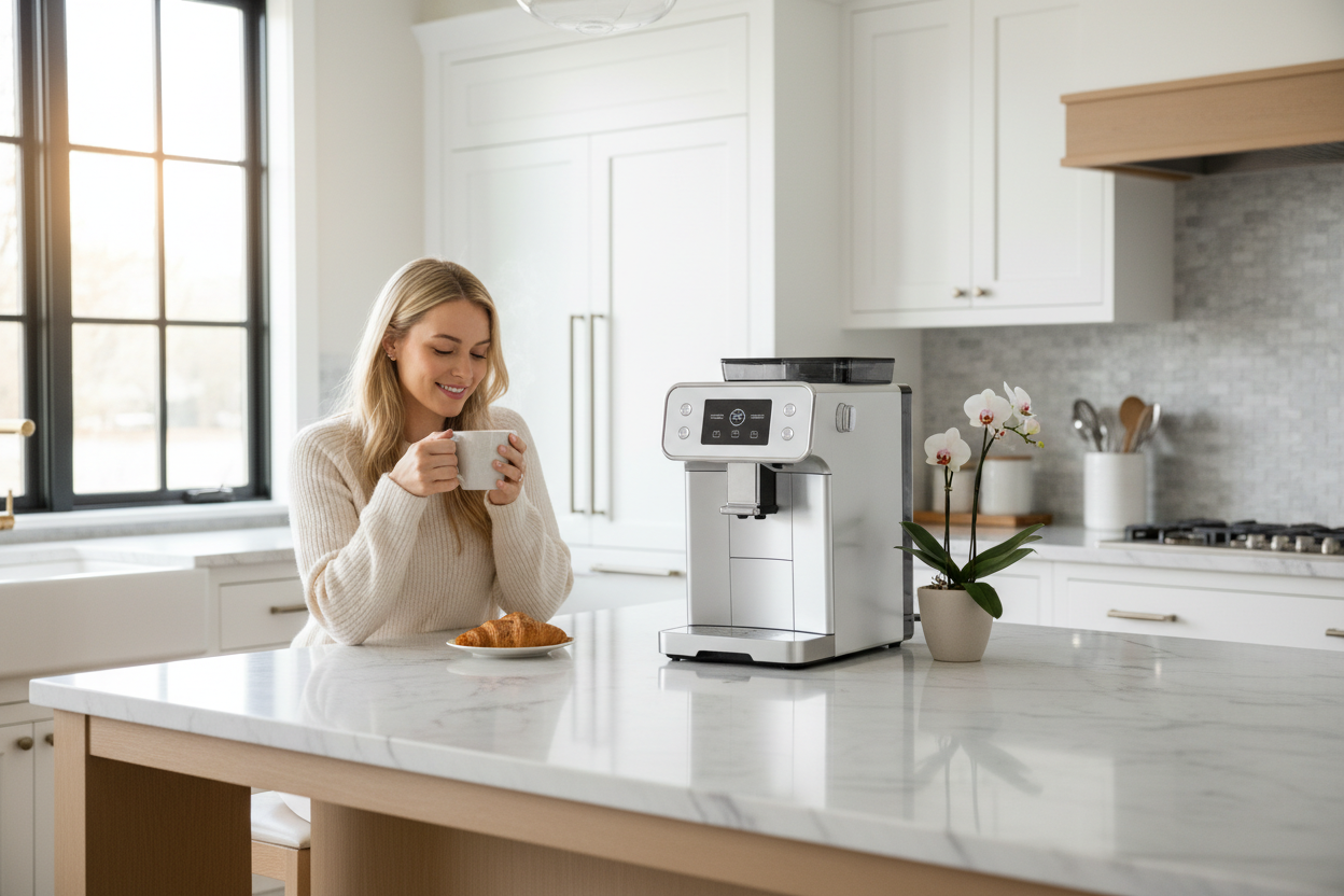 Jeune femme, blonde, prenant un café dans une cuisine avec sa cafetière Automatique, sophistiqué de couleurs blanches