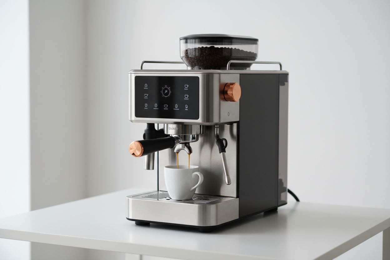 Machine à café Sophistiqué Posé sur une table blanche vue de 3/4