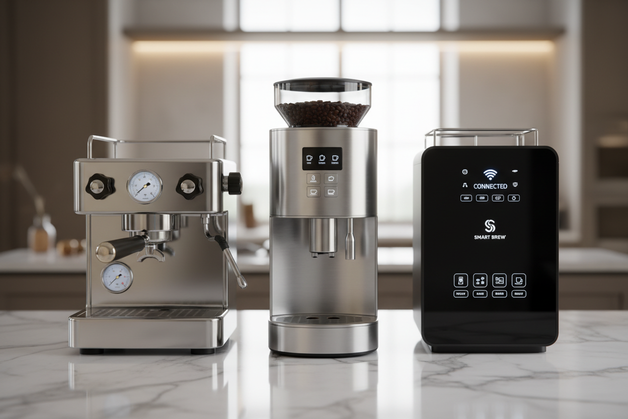 Trois. Cafetière super sophistiqué, toutes différentes l’une de l’autre une semi automatique, une automatique et une intelligente. Poser sur une table blanche en marbre 