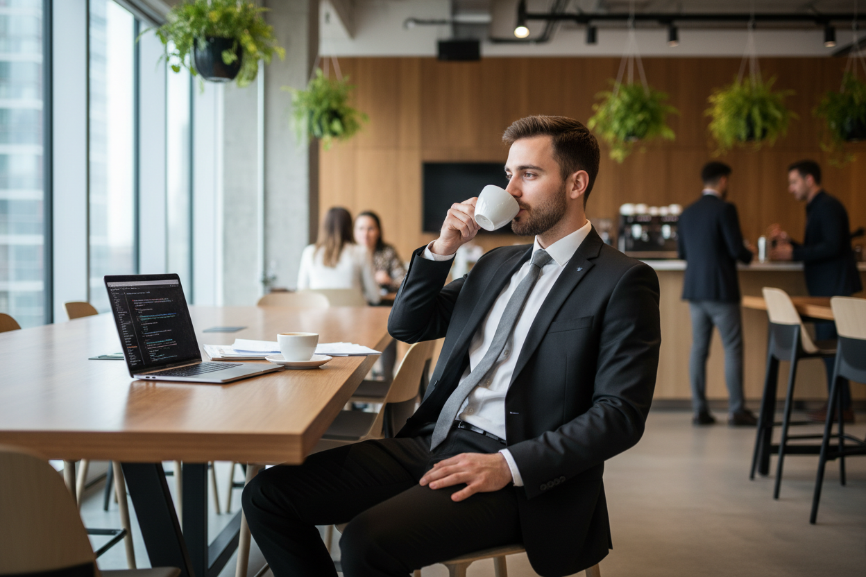 Un jeune homme au travail prennent un café en salle de pause dans son bureau il est vêtu d’un costume noir et d’une cravate il bossais sur son ordinateur 