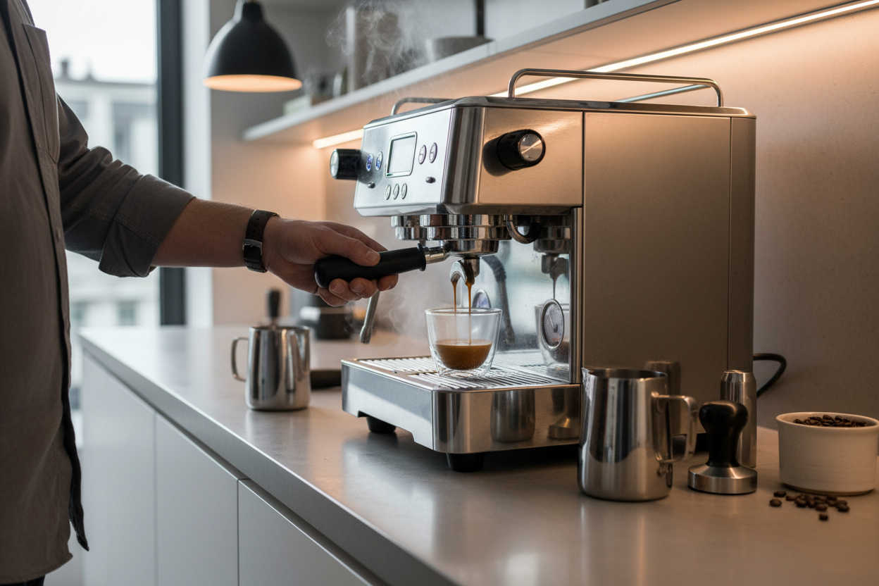 Une main en train d’utiliser une cafetière sophistiqué sur un plan de travail